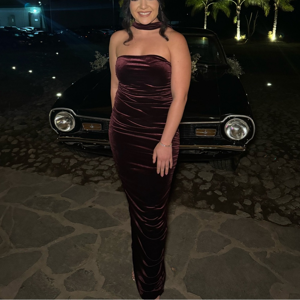 Club L London Strapless Velvet Dress in Deep Burgundy